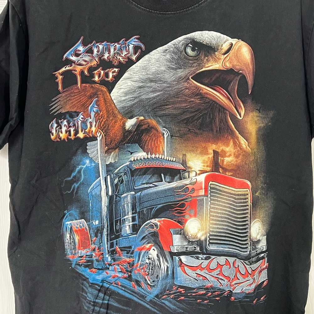 Black Short Sleeve Tee with Double-sided Eagle and Truck Graphic. Spirit of Wild